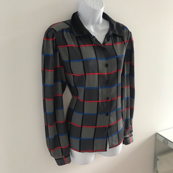St.Michael Chic Plaid Pattern Black Collared Button Down Shirt with Belt 90’s - Picture 5 of 16